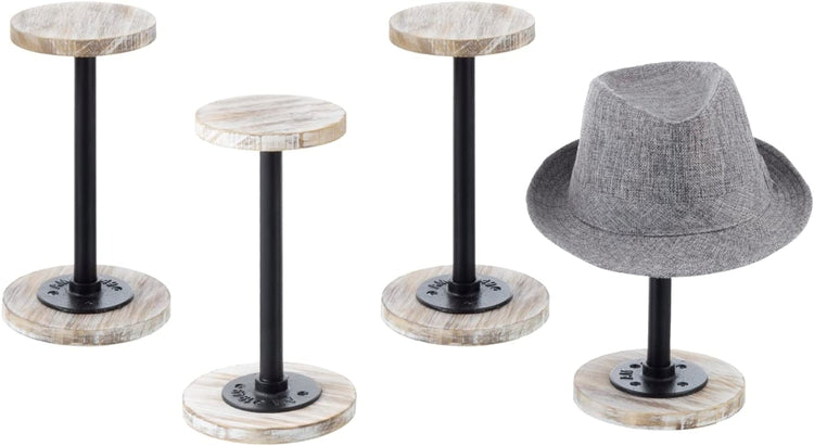 Set of 4, Tabletop Hat Stand, Whitewashed Wood and Industrial Matte Black Metal Pipe Freestanding Hat Rack, Wig Holder-MyGift