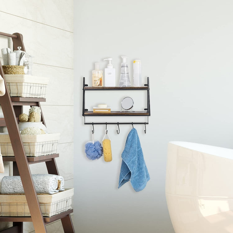 Floating Shelves with Industrial Metal and Burnt Wood, Wall Mounted 2-Tier Display Shelf with 5 Hooks-MyGift