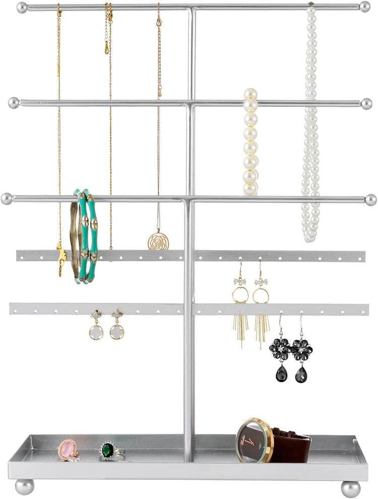 Tiered Silver Metal T Bar Jewelry Organizer Stand with Ring Tray, Necklace Hanger Bars, and Earring Rails-MyGift