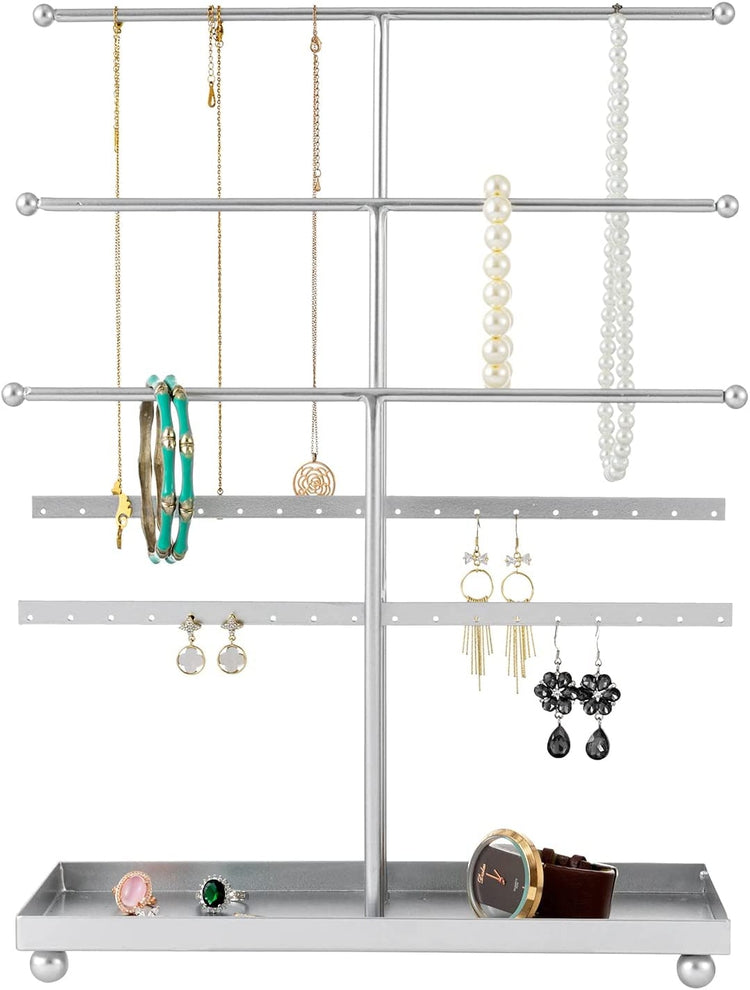 Tiered Silver Metal T Bar Jewelry Organizer Stand with Ring Tray, Necklace Hanger Bars, and Earring Rails-MyGift