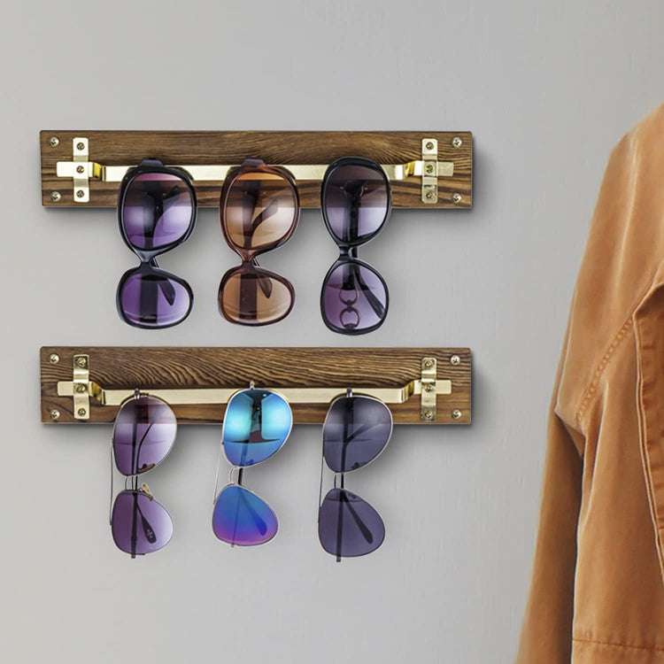 Set of 2, Burnt Wood and Brass Metal Wall Mounted Sunglasses Holder Hanger Display Organizer Rack-MyGift