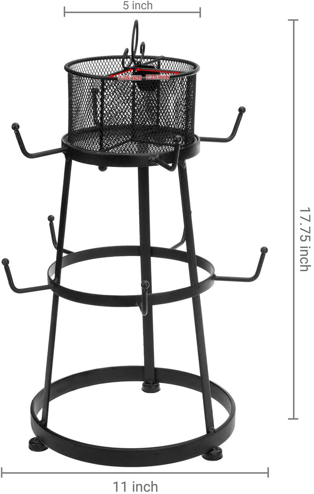 9-Hook Black Metal Coffee Mug Rack & Cup Stand with Utensil Bin and Removable Accessory Basket-MyGift