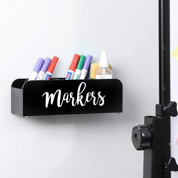 Whiteboard Marker Holder, Black Acrylic Wall Mounted or Tabletop Marker, Eraser, Cleaner Caddy with Cursive MARKERS Sign-MyGift