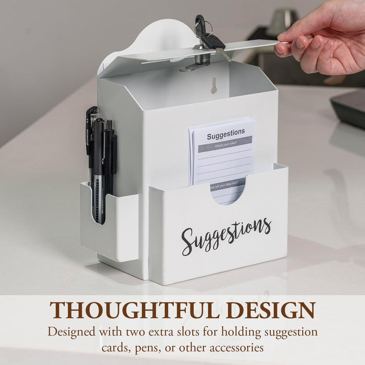 White Wall Mounted or Tabletop Lockable Comment Box, Paper Sheet Slot, Pen Holder, Top Lock and Keys-MyGift