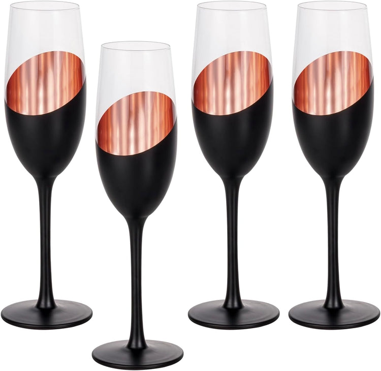 Set of 4, 8oz Stemmed Champagne Flutes with Angled Matte Black and Copper Plated Accent, Sparkling Wine Stemware-MyGift