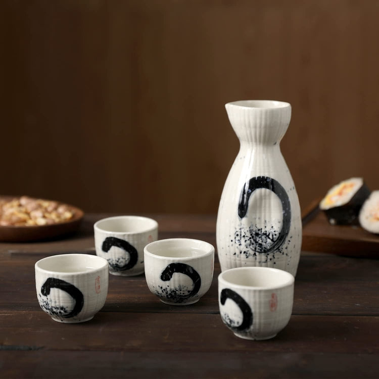 Japanese Beige Ceramic Sake Set with Ribbed Texture and Ocean Swirl Design Includes Serving Carafe and 4 Shot Cups-MyGift