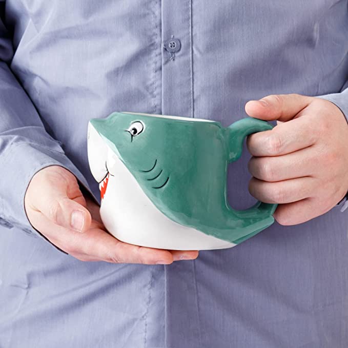 Blue Ceramic Baby Shark Shaped Mug with Handle and Cartoon Smiling Shark Design, Novelty Gift Mugs-MyGift