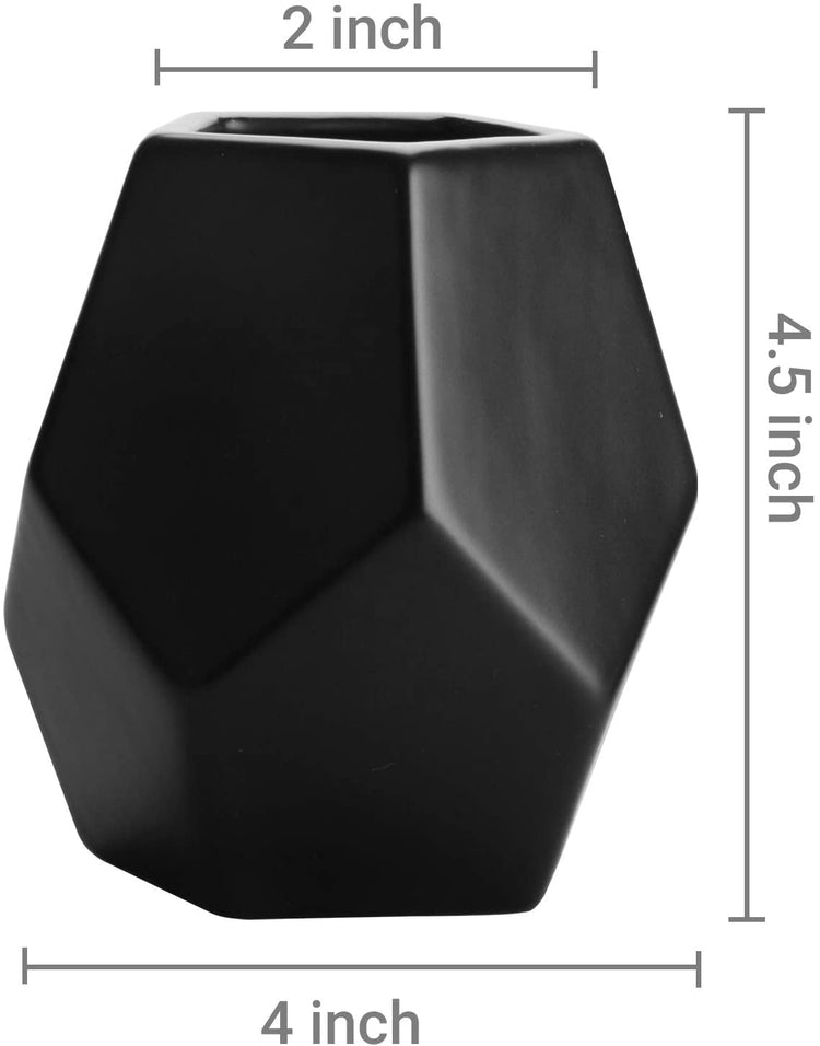 Set of 2, Matte Black Ceramic Geometric Flower Vases-MyGift