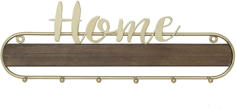 Wall Mounted Burnt Wood Key Rack Organizer with 6 Hooks and Brass Metal Frame with HOME Cursive Style Writing Design-MyGift