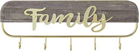 Wall Mounted Key Hooks with Family Word Cutout, Key Holder with Weathered Gray Wood and Brass Tone Metal Wire-MyGift