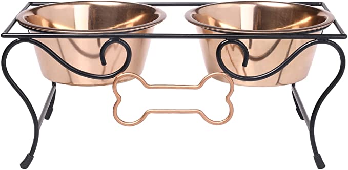 Dog Food Bowl Stand for Small Dogs Pet Feeder, Raised Dog Bowls with Bone Decoration and 2 Copper-MyGift