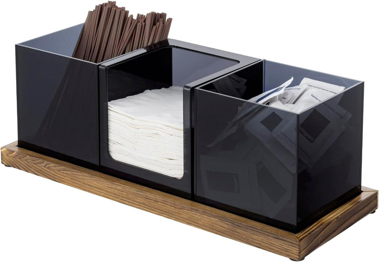 Modular Coffee and Tea Station Organizer with 3 Removable Black Acrylic Compartments and Burnt Wood Decorative Tray-MyGift