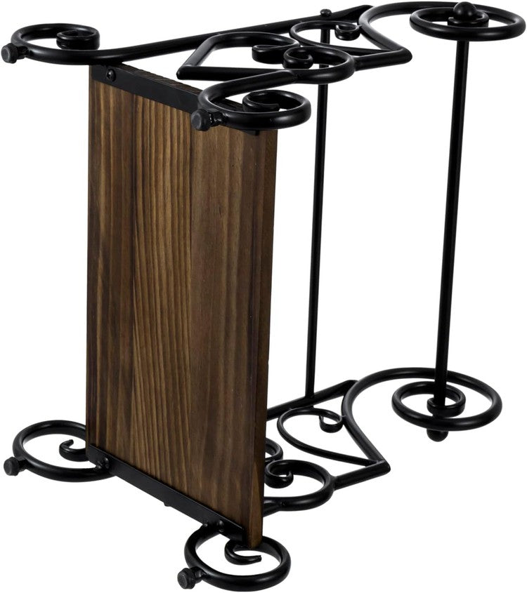 Freestanding Black Metal Heart Scrollwork Paper Towel Holder with Burnt Wood Shelf for Spice Jars and Condiment Bottles-MyGift