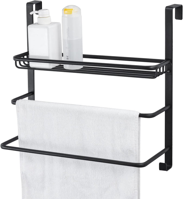 Matte Black Metal Over-the-Door Bathroom Towel Hanger with Toiletries Storage Basket and Hooks-MyGift