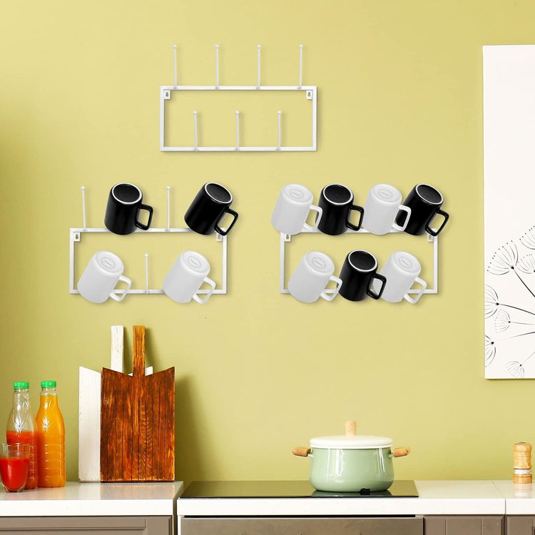 Set of 3, White Metal Coffee Mug Rack Wall Mounted Hanging Storage Coffee Bar Accessories Rack with 21 Hooks-MyGift