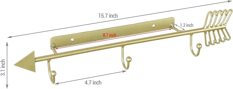 Set of 2, Brass Tone Metal Arrow Wall Mounted Plate Holder Saucer Display Rack with 3 Hooks-MyGift