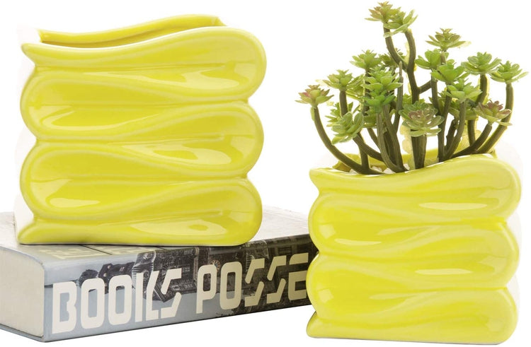 2 Pack of 4 and 5 Inch Modern Decorative Folded Design Yellow Ceramic Flower Succulent Planter Pots-MyGift