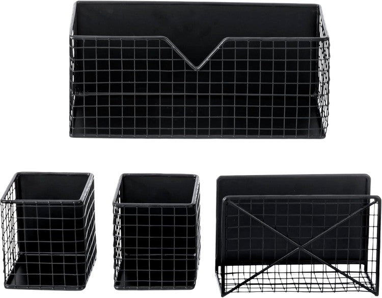 Industrial Matte Black Metal Wire Mesh Magnetic Baskets with Mail Sorter, File Storage Organizer, and Pen Holders-MyGift