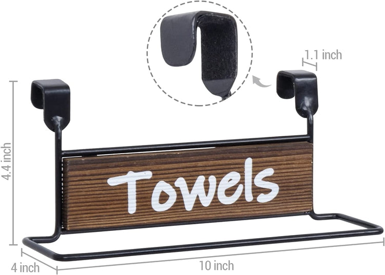 Burnt Wood and Industrial Black Metal Over Cabinet Door Kitchen Hand Towel  Bar Hanger Rack with Cursive Writing