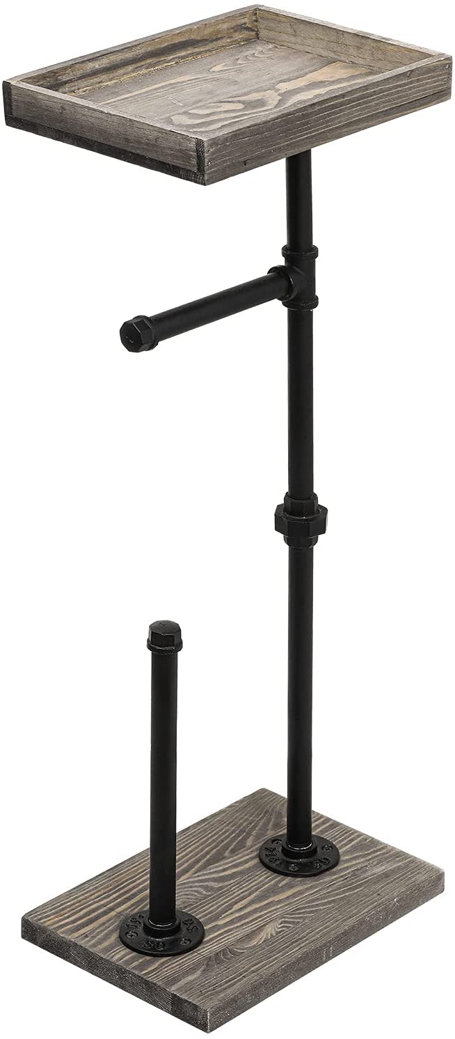 Gray Wood and Industrial Metal Pipe Freestanding Toilet Paper Roll Holder Stand with Reserve Storage and Top Shelf Tray-MyGift