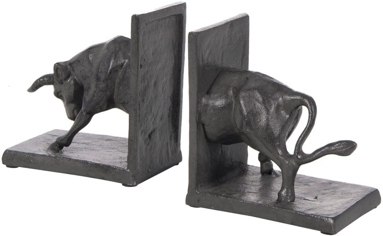 Dark Brown Cast Iron Bookends for Heavy Books, Sculptural Wall Street Raging Bull Design Book Stand, 2 Piece Set-MyGift
