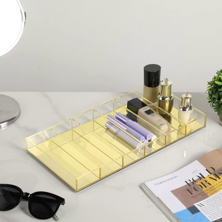 Acrylic Sunglass Storage Tray with Brass Tone Reflective Mirror Base, Tabletop Eye Glasses Holder Organizer Case Display-MyGift