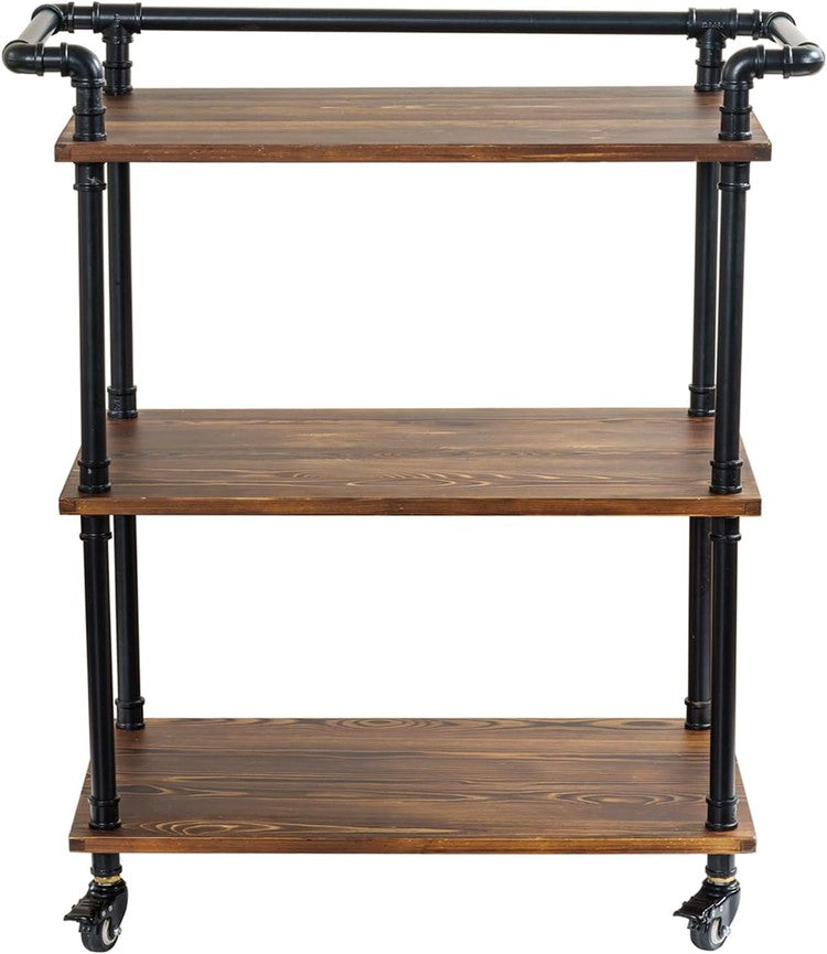 Tiered Bar Cart Burnt Wood Industrial Black Metal Pipe Wine Cart with Rolling Wheels, Decorative Pipe Serving Trolley-MyGift