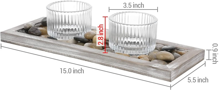 Candlescape Candle Holder Set with Whitewashed Wood Tray, Ribbed Glass Tealight or Votive Holders, and Stone Fillers-MyGift