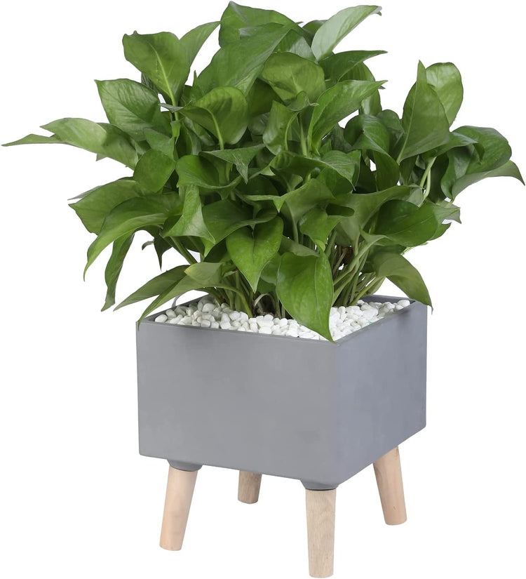 Gray Concrete House Plant Stand with Wood Legs, 8 Inch Freestanding Planter Flower Pot Display Rack-MyGift