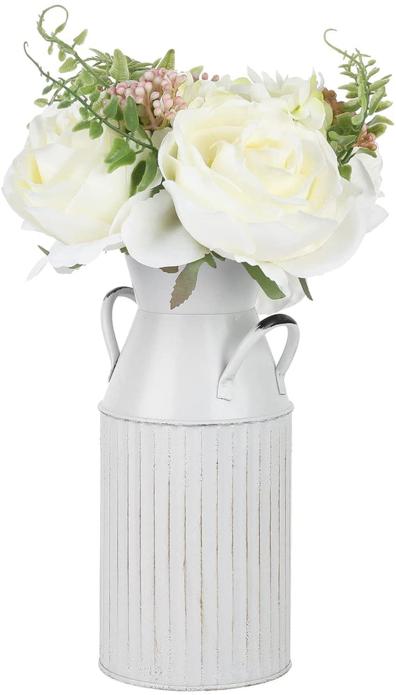 Artificial White Rose Fake Flowers Bouquet with Farmhouse Vintage White Metal Milk Jug Vase-MyGift