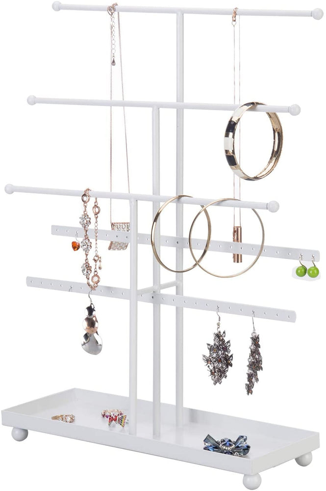 5-Bar White Metal Jewelry Organizer with Ring Tray, Tabletop Necklace & Bracelet Holder Stand-MyGift