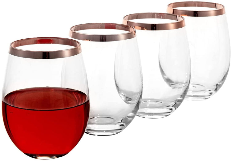 Set of 4, Stemless Wine Glass Set, Elegant Drinkware with Metallic Copper Plated Rimmed Accent-MyGift
