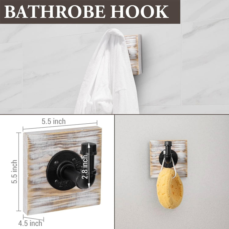 White Washed Wood and Black Metal Pipe Toilet Paper Holder, Hand Towel Ring, 4-Piece-MyGift