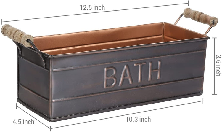 Bronze Metal Rectangular Storage Basket with Wood Handles, Bathroom Toiletries Holder, Organizer Bin with BATH Label-MyGift