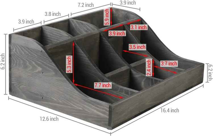 Gray Wood Tea and Condiment Organizer Storage Caddy with Compartments for Cups, Sugar Packets, Stirrers and Creamer-MyGift