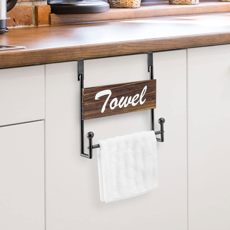 Industrial Matte Black Metal Over Cabinet Door Hand Towel Bar Holder with Burnt Wood Cursive "Towel" Sign-MyGift