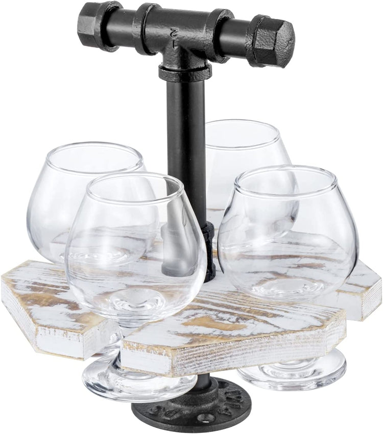 Industrial Pipe and Vintage Weathered Gray Wood Beer, Whiskey Flight Set with 4 Glasses-MyGift
