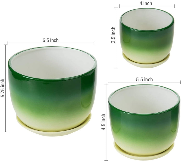 Set of 3 Round Green and Yellow Glazed Ceramic Flower Planter Pots with Attached Saucers-MyGift