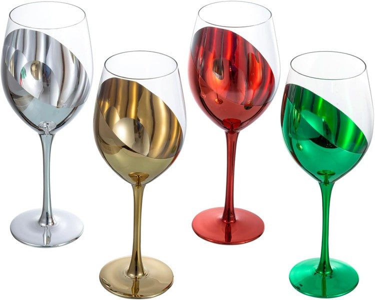 Wine Glasses Drinkware, Holiday Multicolored Metallic Angled Accent Drinking Glass Cups, Set of 4-MyGift