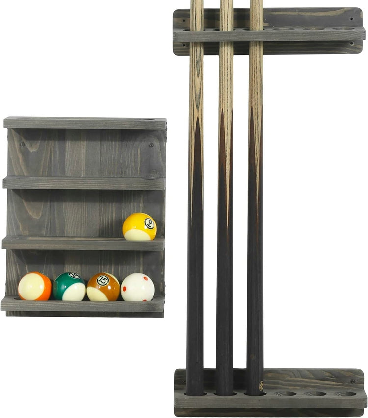 Wall Mounted Weathered Gray Wood Pool Cue Rack, Billiards Accessories Holder and Ball Storage Shelf Set-MyGift