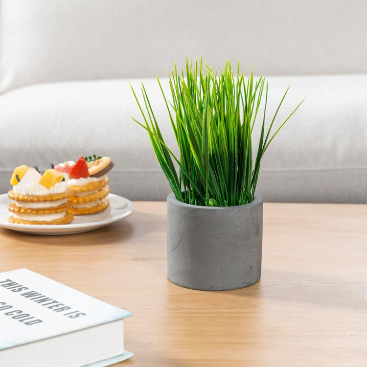 Tabletop Artificial Grass Potted Plants, Round Gray Concrete Planter Pots, Set of 3-MyGift