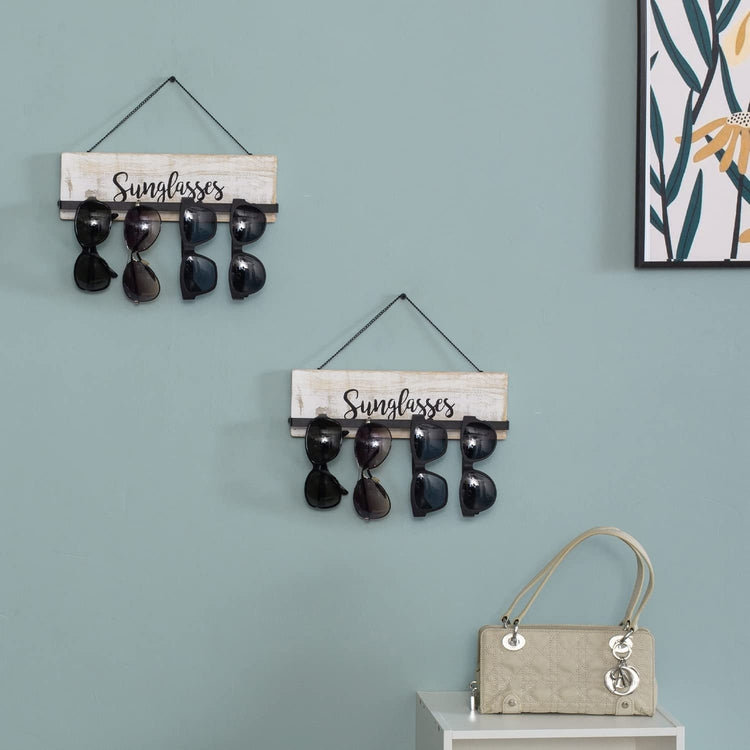 Set of 2, Whitewashed Wood Wall Mounted Sunglasses Holder Eyewear Hanging Display Rack with Cursive Sunglasses Lettering-MyGift