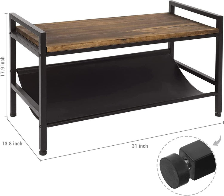 Burnt Wood Entryway Shoe Rack Bench with Black Metal Frame and