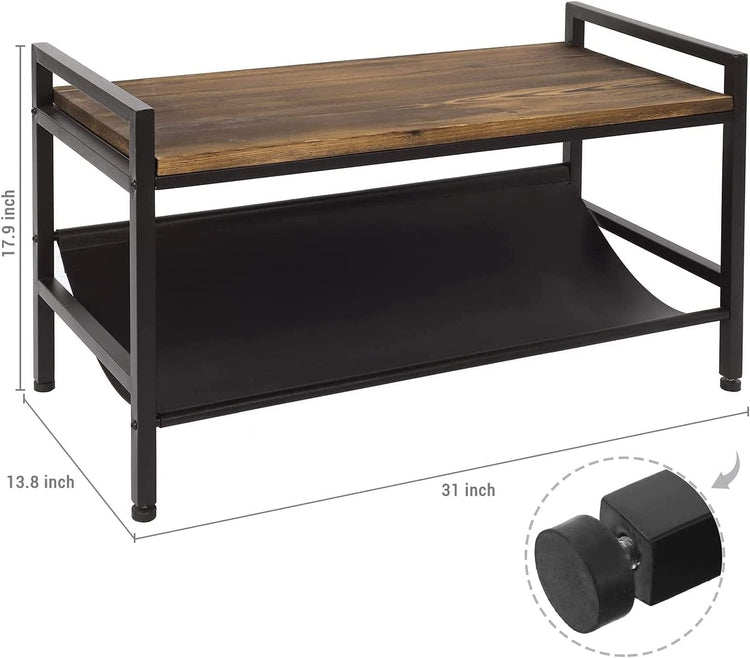 Burnt Wood Entryway Shoe Rack Bench with Black Metal Frame and Leatherette Footwear Storage Sling-MyGift