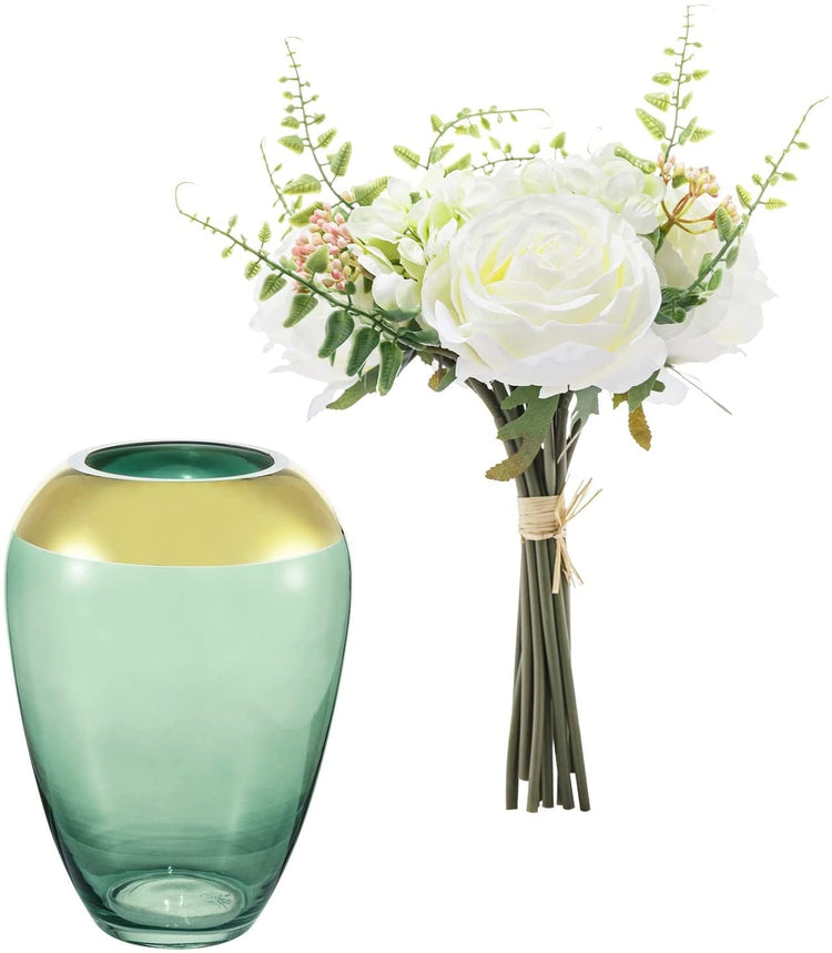 White Rose Artificial Flowers with Green Clear Glass Vase with Brass Accent, Fake Flowers for Decorations-MyGift