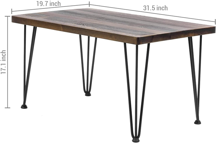 Dark Brown Burnt Wood Rectangular Coffee Table, Side Accent Table with Matte Black Metal Wire Hairpin Legs-MyGift