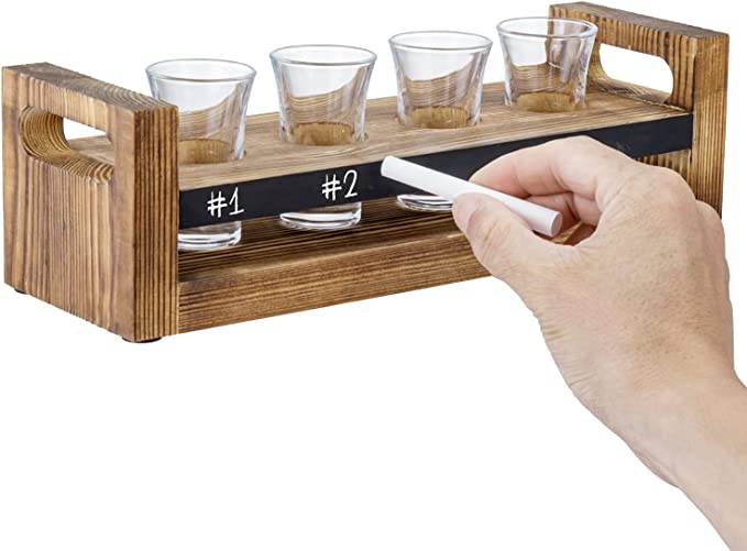 Flight Serving Caddy Set w/ Burnt Wood Tray, 4 Clear Shot Glasses and Chalkboard Label Panel-MyGift