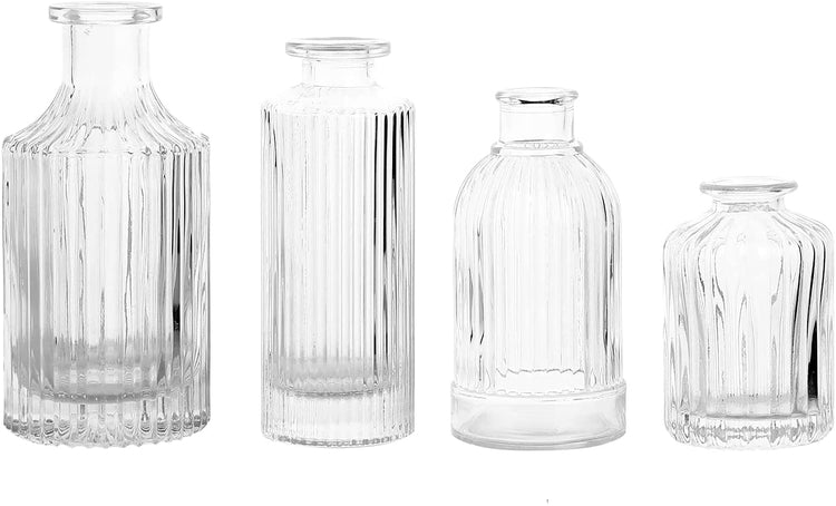Clear Glass Reed Diffuser Bottle, Small Flower Bud Vase, Apothecary Ribbed Decorative Bottles, 4 Piece Set-MyGift