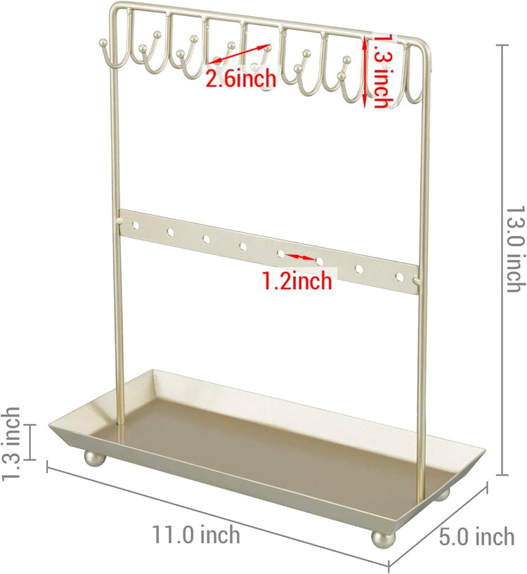 Brass Tone Metal Jewelry Organizer Stand, Hooks for Hanging Necklaces or Bracelets, Earring Hanger Rail, Ring Tray Base-MyGift