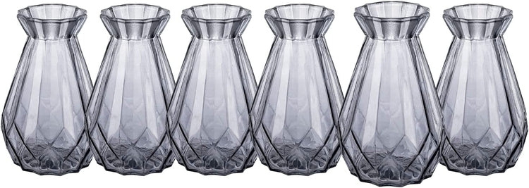 Set of 6, 6 Inch Clear Gray Glass Diamond-Faceted Decorative Flower Vases Centerpiece Bud Floral Arrangements-MyGift